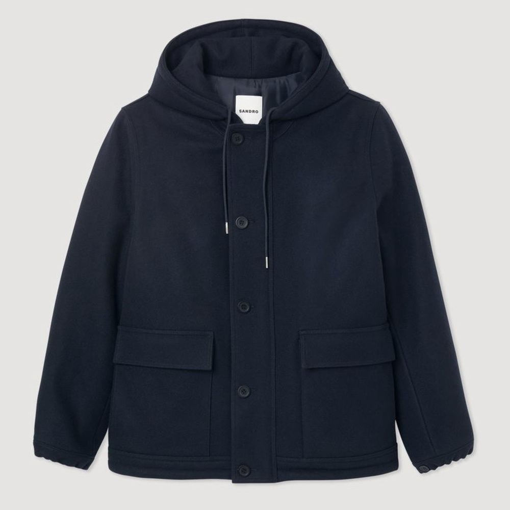 NWT $845 Sandro Men's Navy Hooded Jacket Wool Cashmere Cloth Coat Hood Size XXL